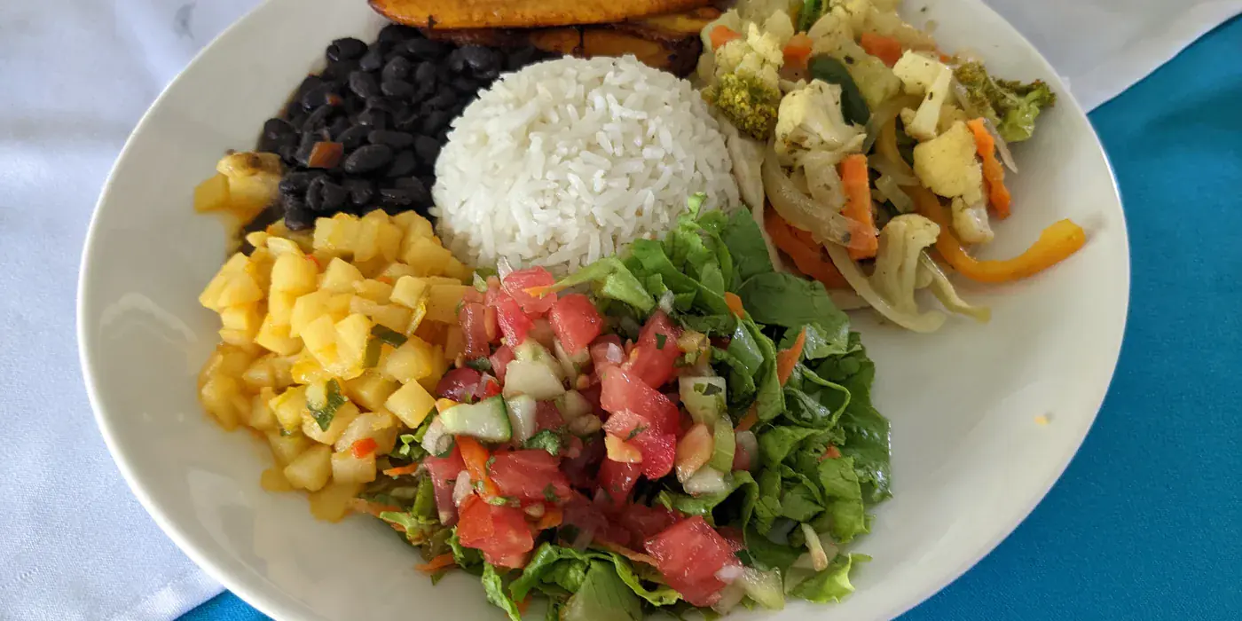 A casado plate: rice, black beans, fried plantain, salad and a vegetable main arranged in sections on a white plate